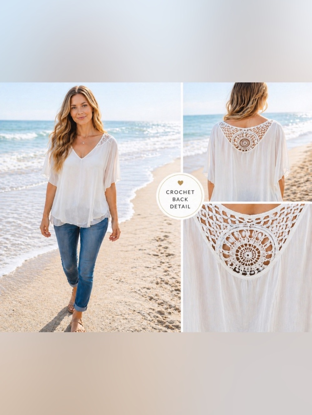 Elegant Italian Silk Blend V-Neck Crochet  Blouse